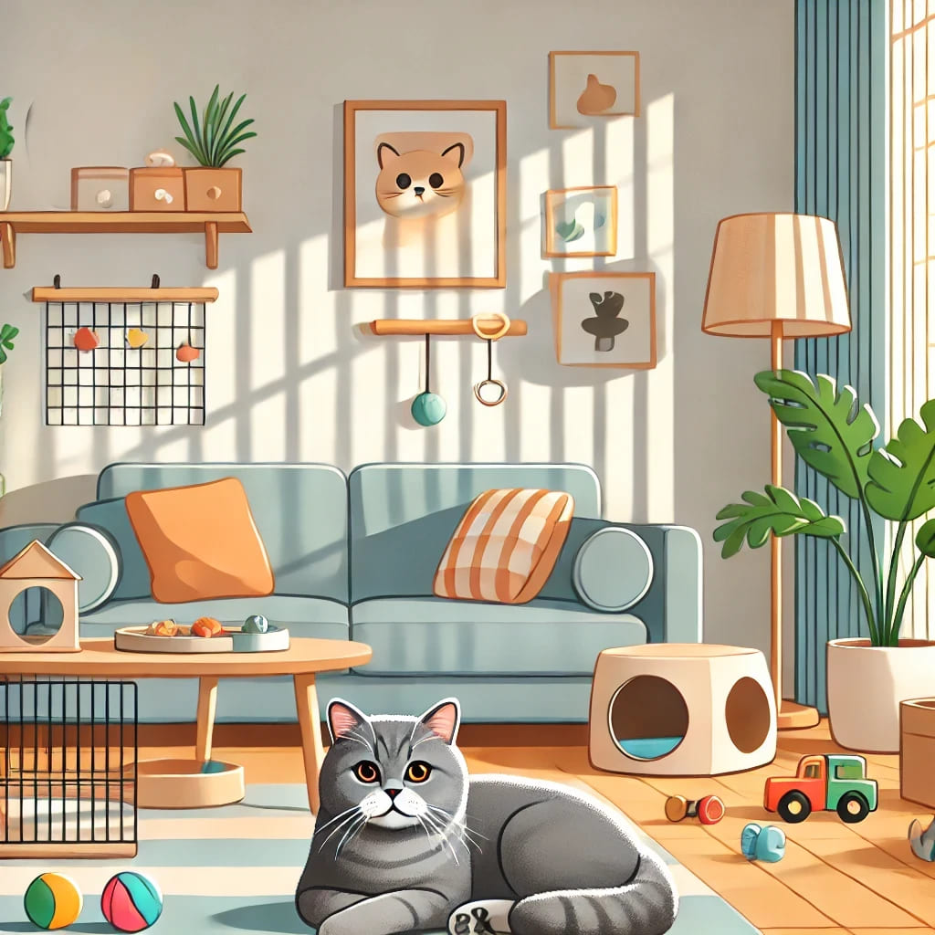 DALL·E 2024 12 15 13.36.12 Uma ilustracao detalhada e acolhedora de um ambiente de apartamento adaptado para gatos com um gato British Shorthair relaxando em uma almofada um a